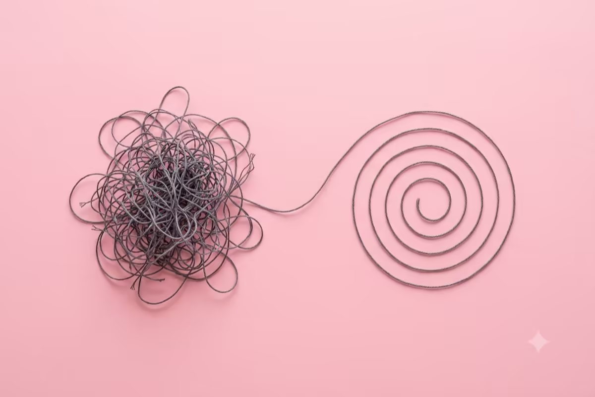 A tangled knot of grey thread unraveling into a calm, neat spiral on a pink background