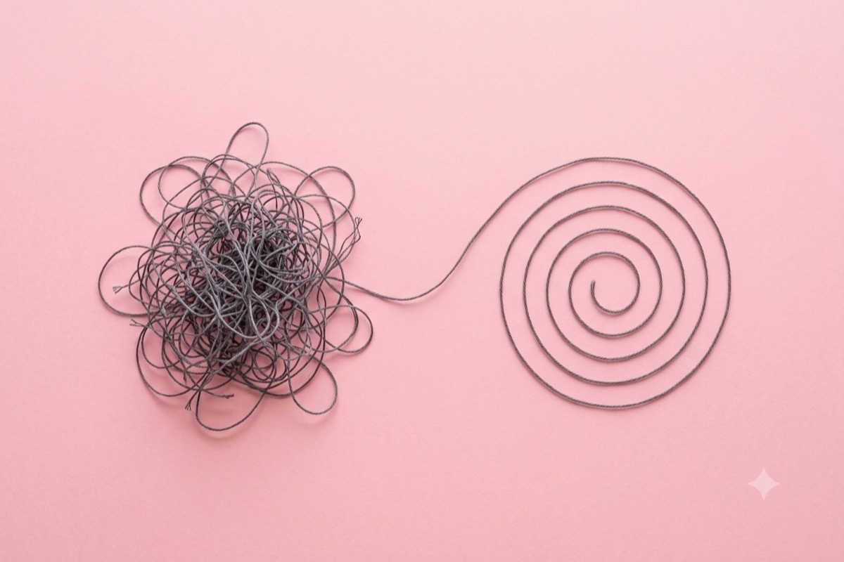 A tangled knot of grey thread unraveling into a calm, neat spiral on a pink background