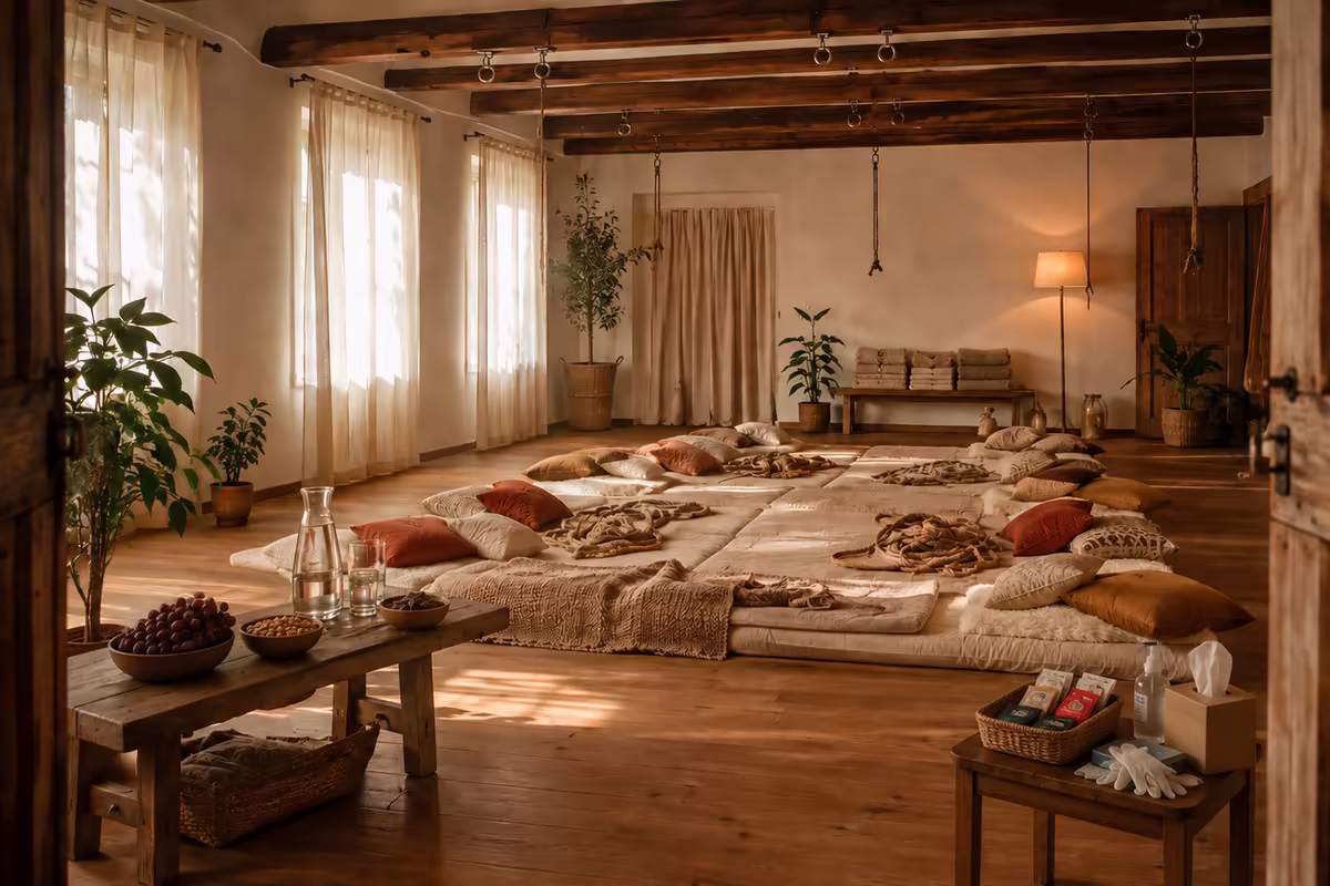 An empty shibari studio prepared for an event, with futon mattresses, blankets and cushions in warm natural light