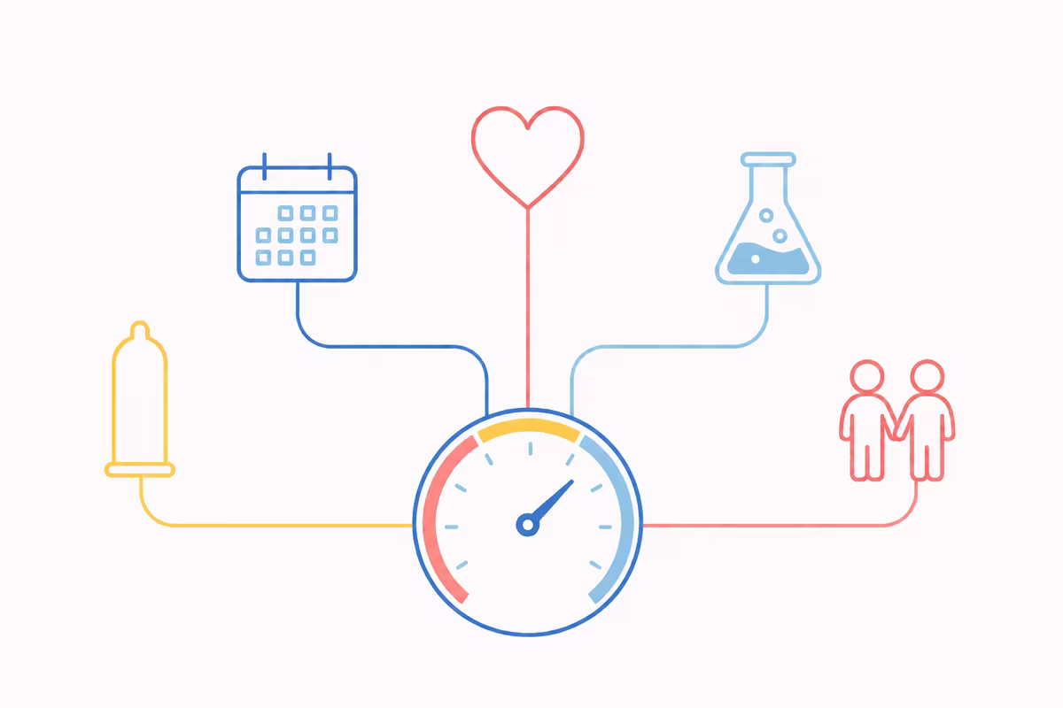 Illustration of factors like testing, protection, and partners feeding into a safety score gauge