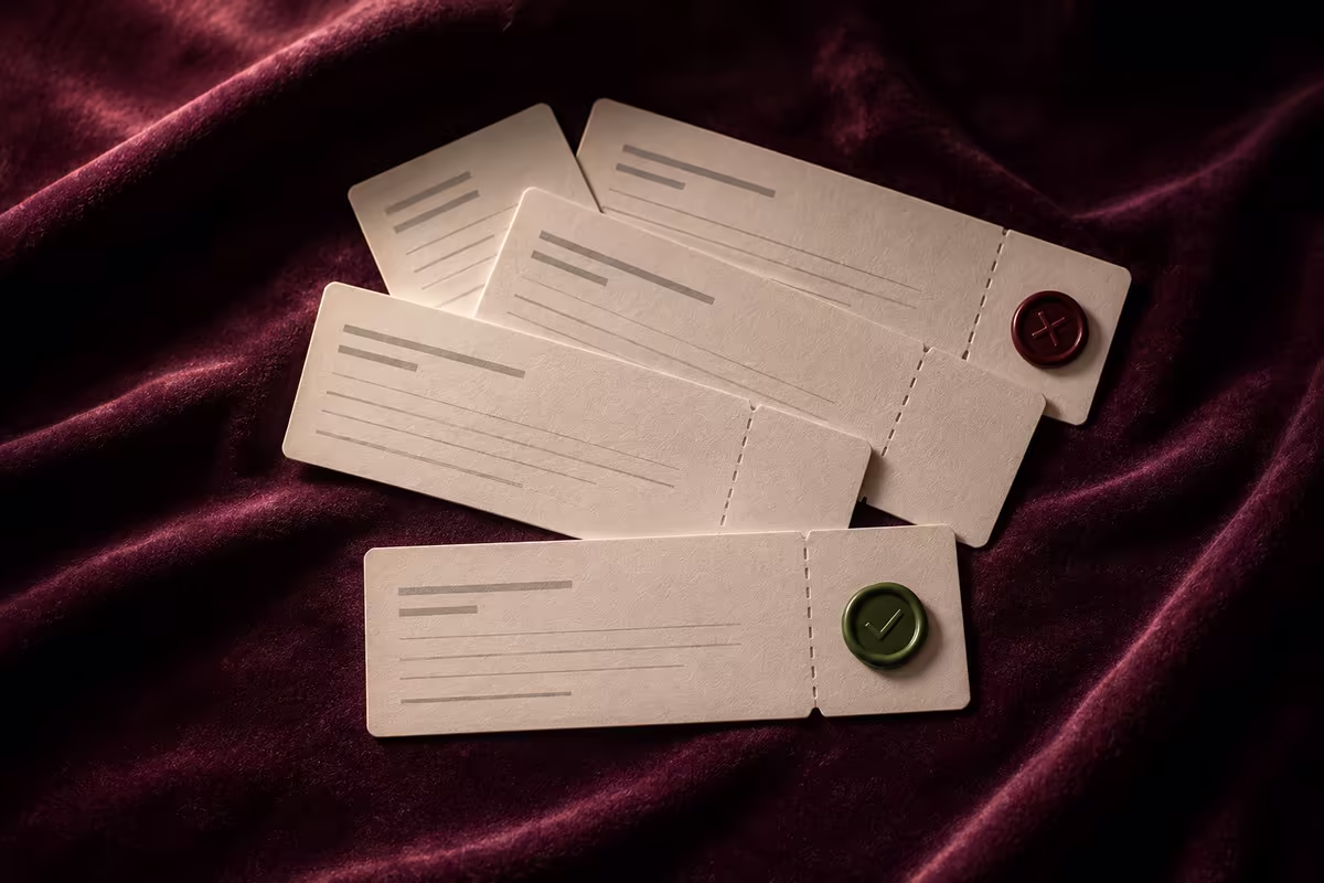 A fan of event tickets on deep plum velvet, one marked with a green seal and one with a red seal