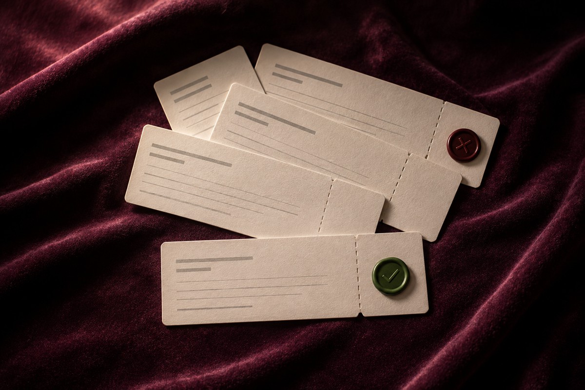 A fan of event tickets on deep plum velvet, one marked with a green seal and one with a red seal